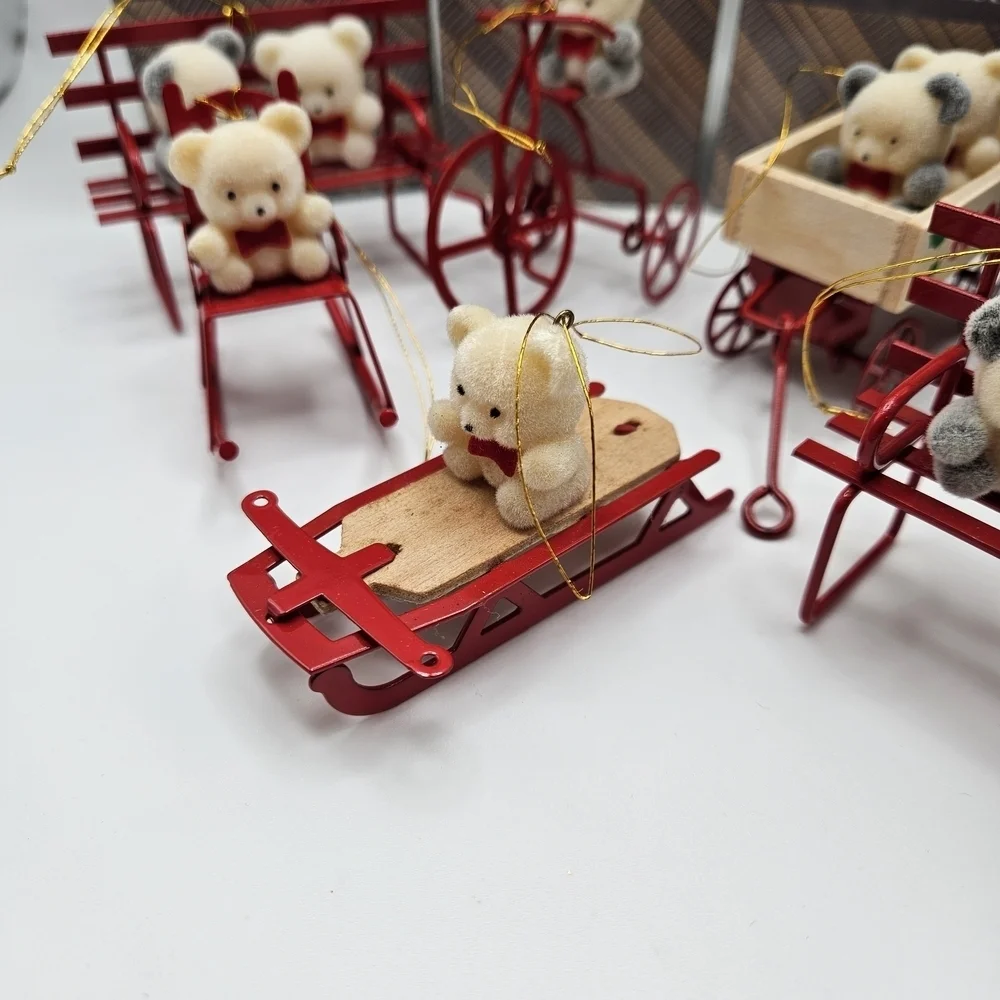 VINTAGE Avon Flocked Teddy Bear Ornaments Lot 6 led Bench Tricycle Rocker Wagon